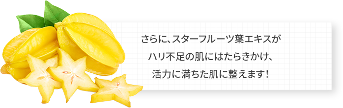 さらに、スターフルーツ葉エキスがハリ不足の肌にはたらきかけ、活力に満ちた肌に整えます！